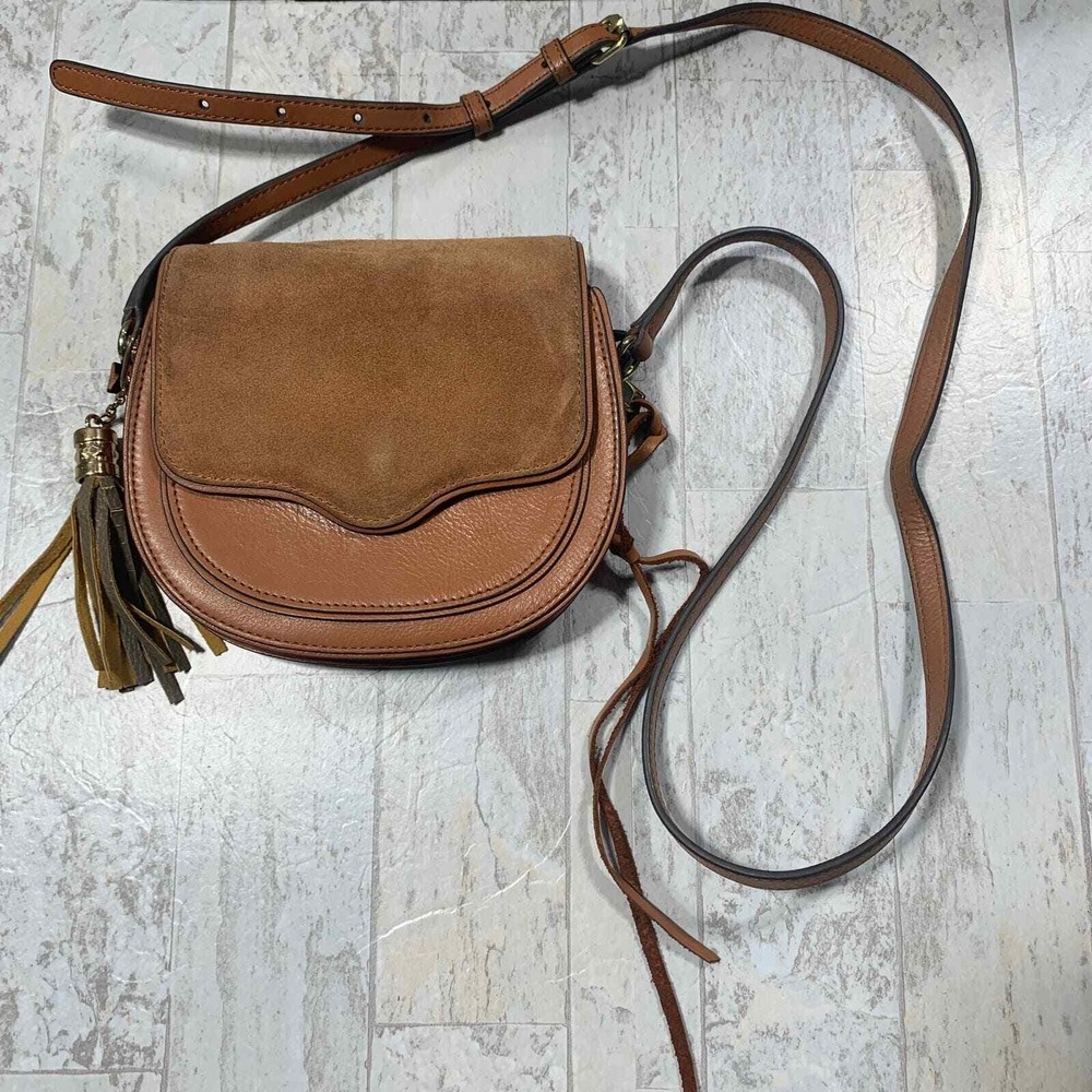 Rebecca‎ Minkoff Suki Saddle Crossbody Bag Mini Brown Leather Suede Tassel